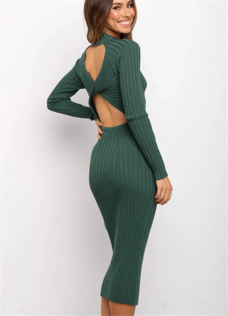 Ribbed Mock Neck Long Sleeve Solid Color Hollow-Out Back Skinny Sweater Dress