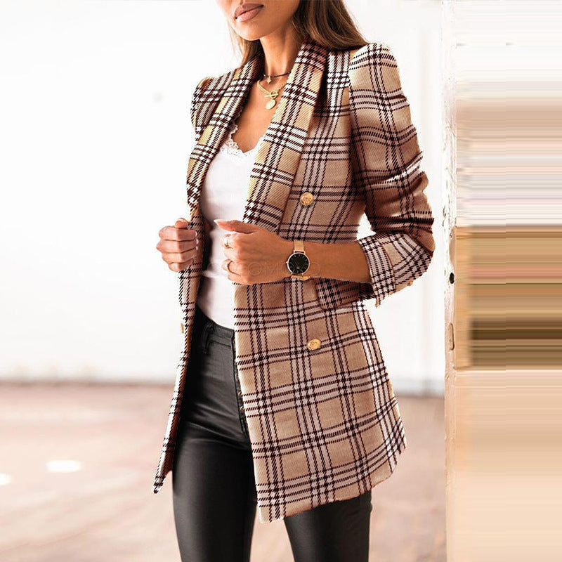 Plaid Print Gold Button Detail 3/4 Length Long Sleeve Double Breasted Women's Blazer Jacket to 3X Plus Size