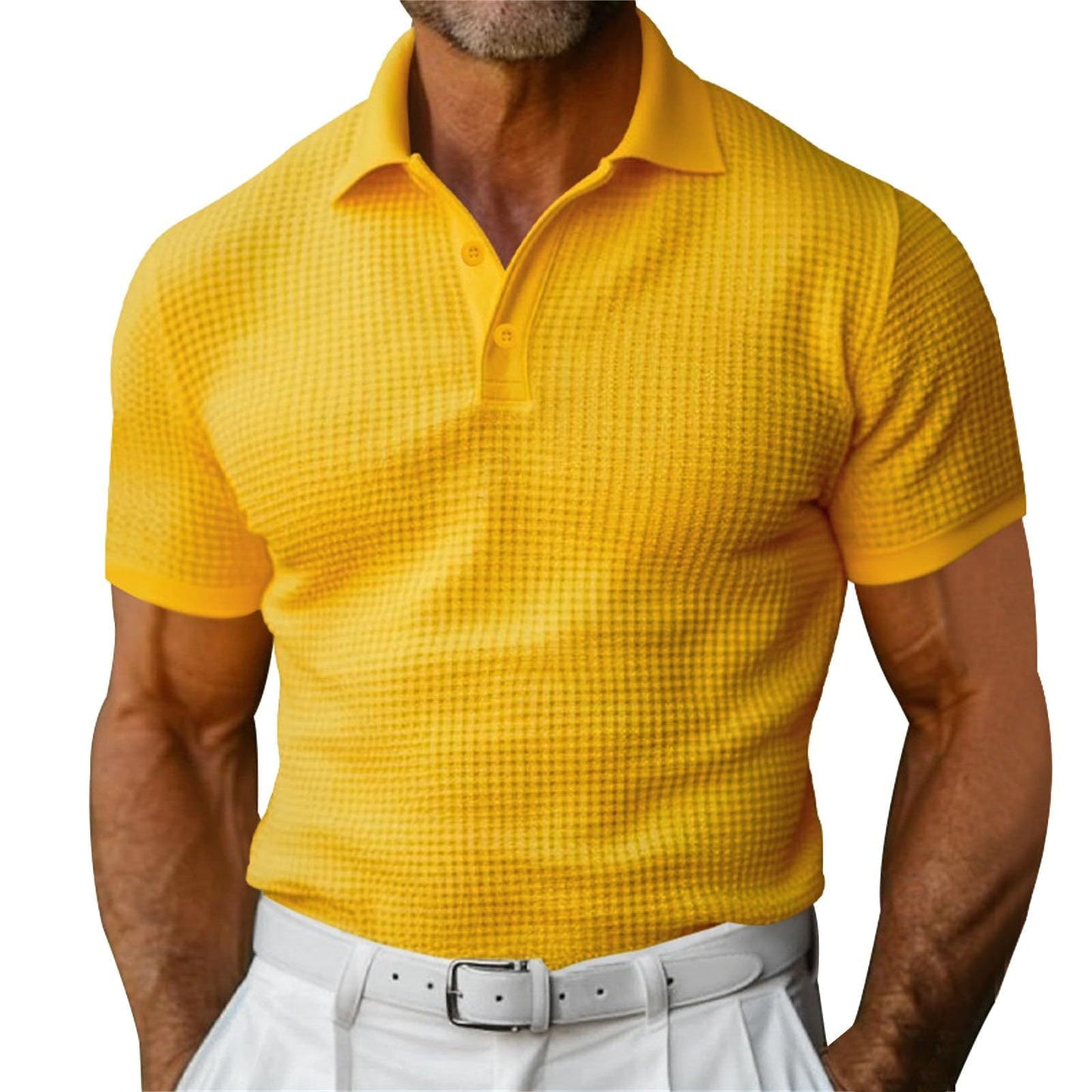 Men's Waffle Pattern Turn-Down Collar Short Sleeve Polo Shirt