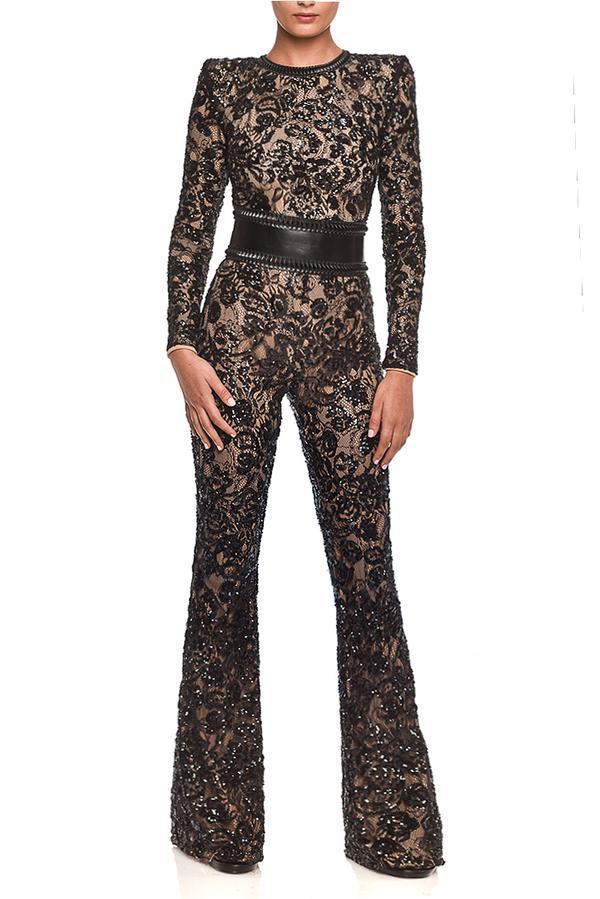 Lace Transparent Long Sleeve Skinny Fit Women's Flared Leg Formal Party Jumpsuit