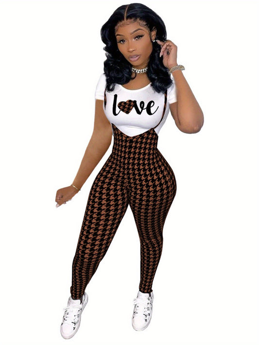 Sleeveless Houndstooth Plaid Print Cami Overalls Jumpsuit w/Love Heart Print T-Shirt Women's 2-Piece Set