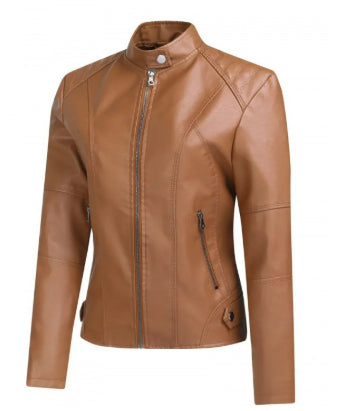 PU Leather Solid Color Stand Collar Women's Zipper Biker Jacket