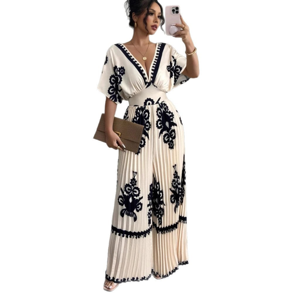 Pleated Printed Deep V-Neck Short Sleeve Wide Leg Jumpsuit