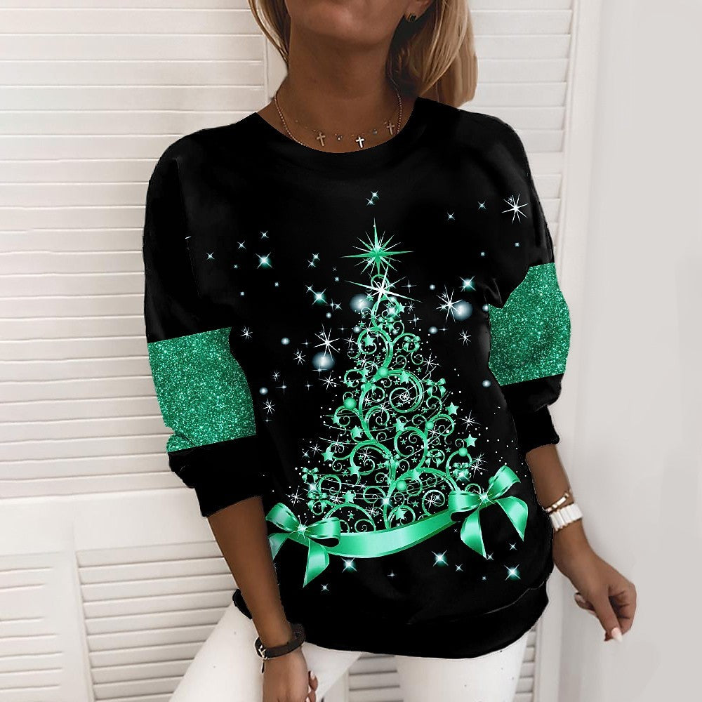 Sparkling Christmas Tree/Glitter Colorblock Design Women's 3D Digital Print Long Sleeve Round Neck Sweater