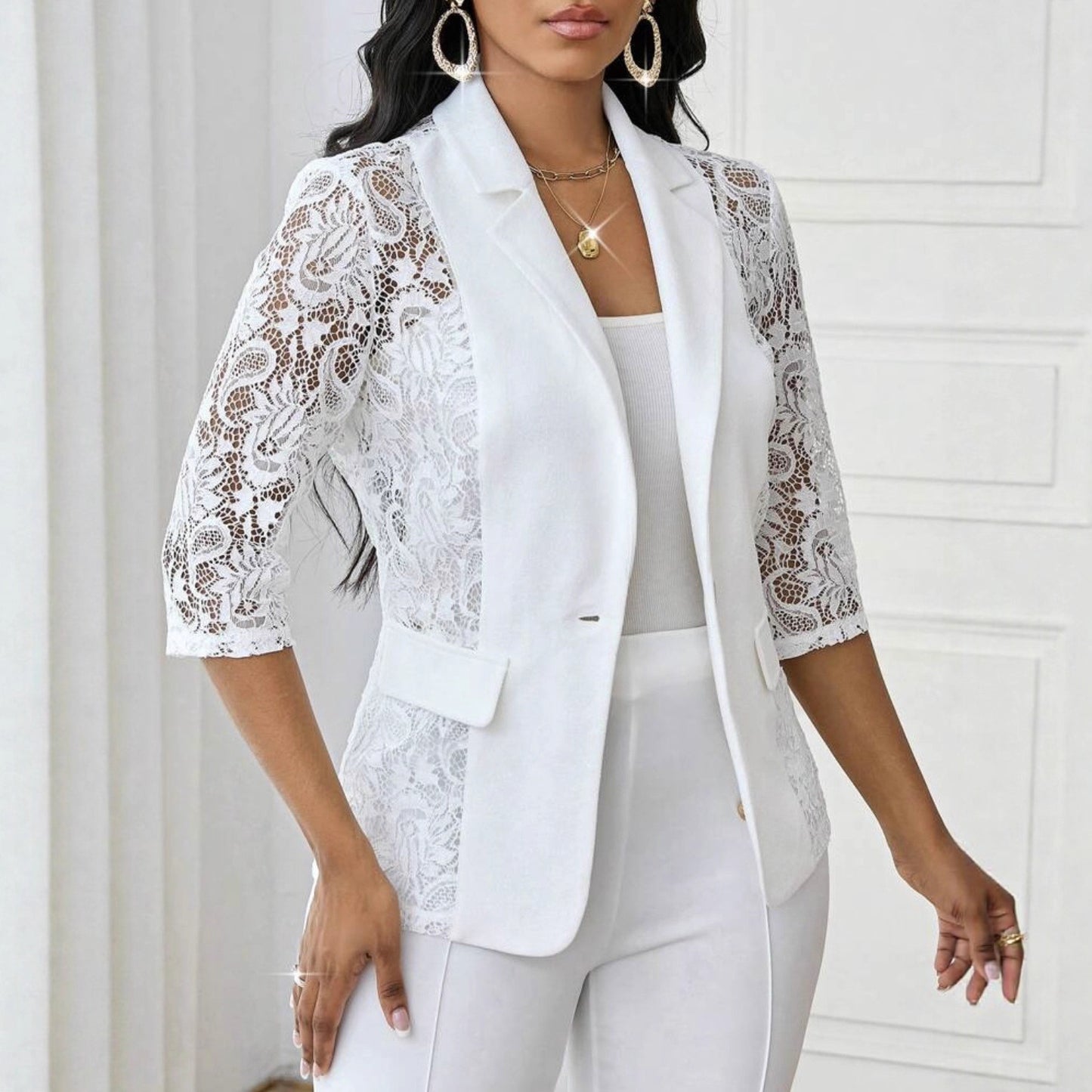 Lace Floral Solid-Color Lace Hollowed-Out 3/4 Sleeve Women's Blazer Jacket
