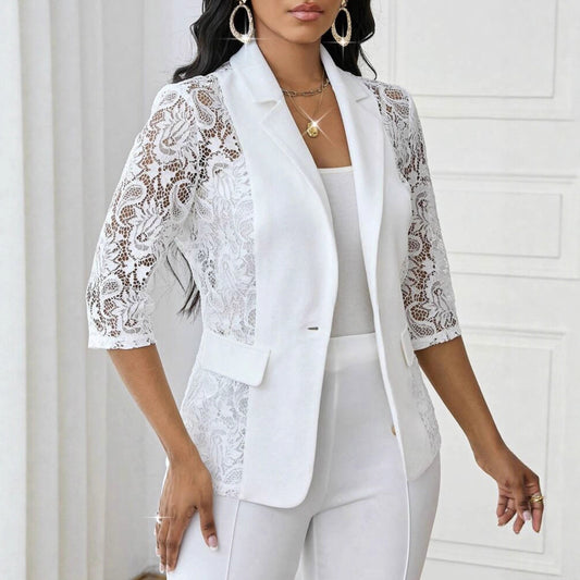 Lace Floral Solid-Color Lace Hollowed-Out 3/4 Sleeve Women's Blazer Jacket