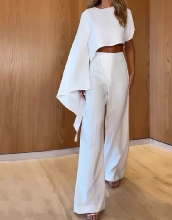 White Asymmetrical Women's One Sleeve Shirt + Pants 2-Piece Set