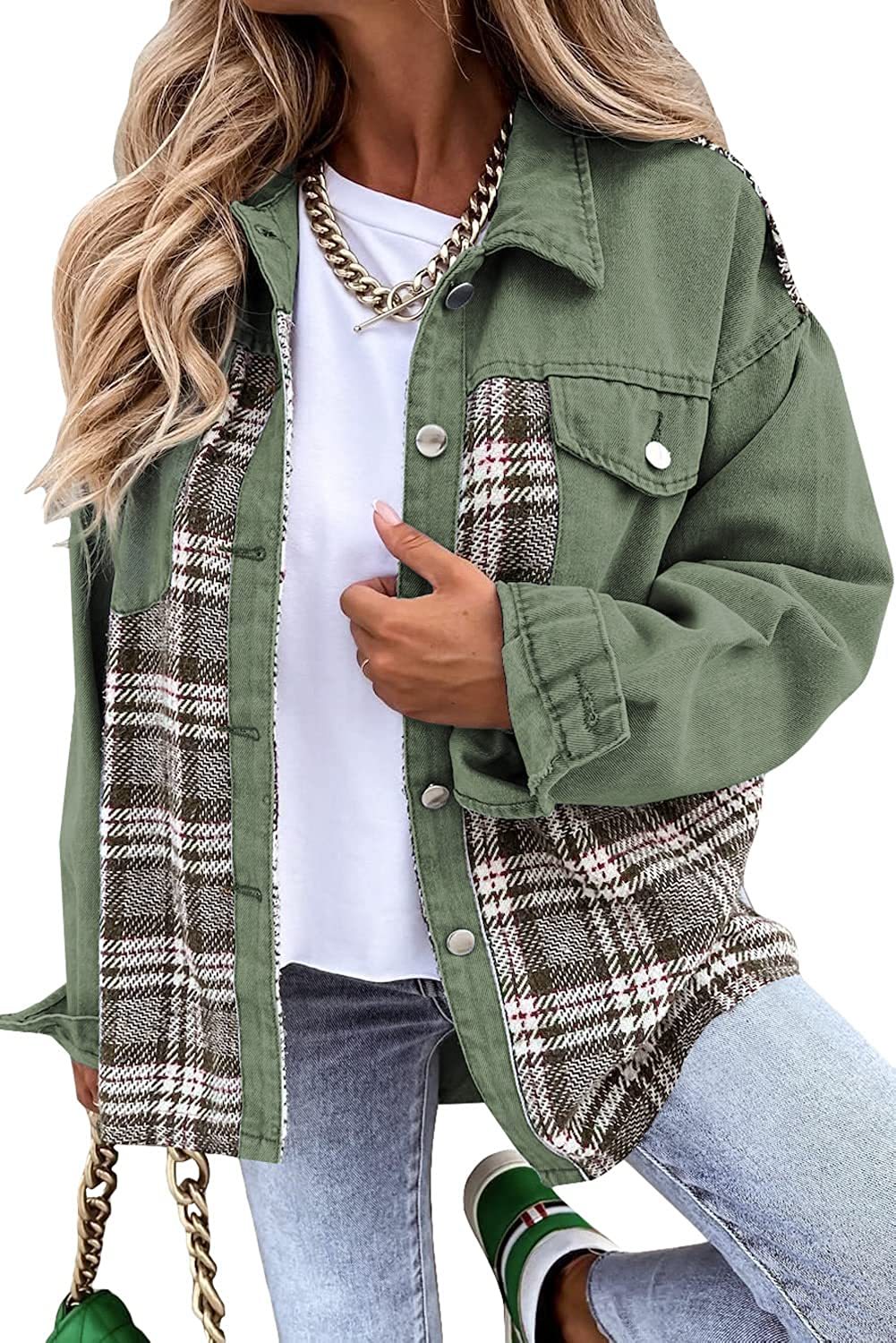 Denim Plaid Colorblock Print Long Sleeve Button-Up Women's Jean Shirt
