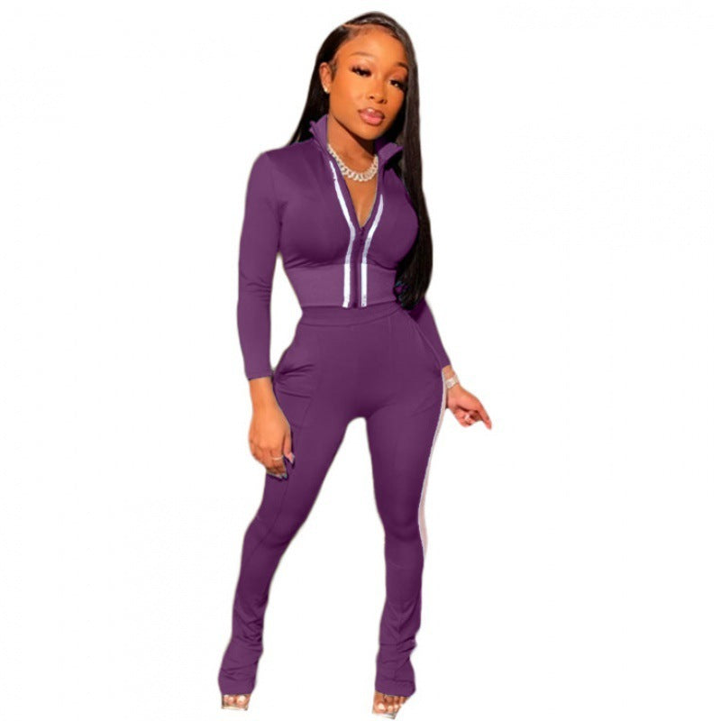 Skinny Side Striped Women's Zipper Sports Jacket + Skinny Sweatpants Tracksuit