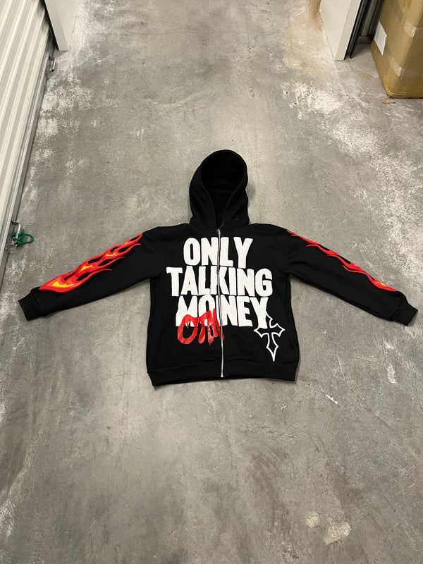 Men's "ONLY TALKING MONEY" Flame Letter Print Hip-Hop Zipper Hoodie Sweatshirts