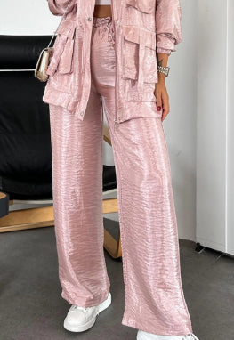 Cargo Multi-Pocketed Women's Button-Up Streetwear Jacket + Drawstring Pants Solid Color 2-Piece Set