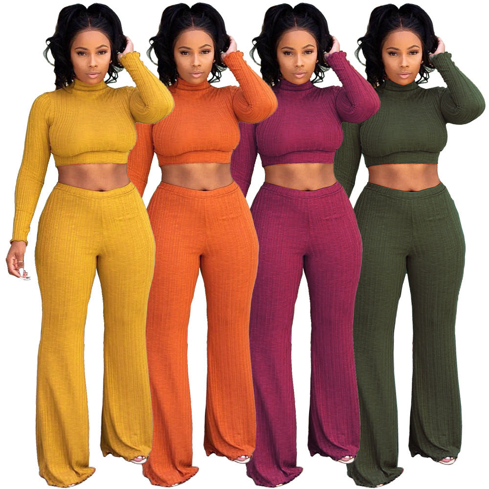Ribbed Turtleneck Long Sleeve O-Neck Women's Long Sleeve Crop Top + Wide Leg Leggings 2-Piece Set