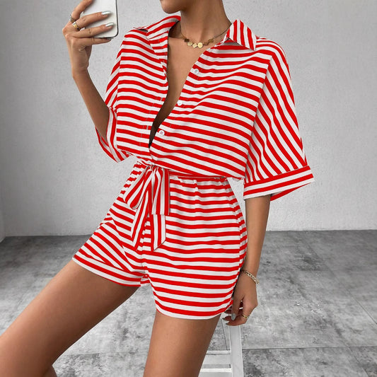 Striped Turn-Down Collar Button 1/2 Sleeve Sash Belted Women's Shorts Romper
