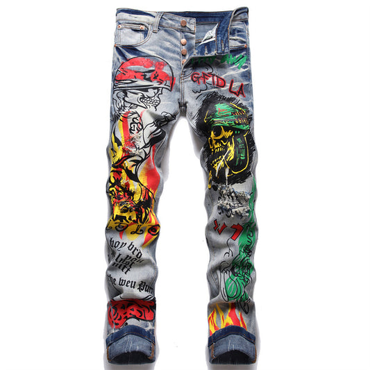 Men's Hip-Hop Denim Faded Airbrush Graffiti Print Ruched Button Fly Skinny Jeans