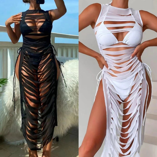 3-Piece Set: Ripped Fringe Sleeveless Hollow-Out Solid Color Swimsuit Cover-Up w/ Bikini Swimsuit