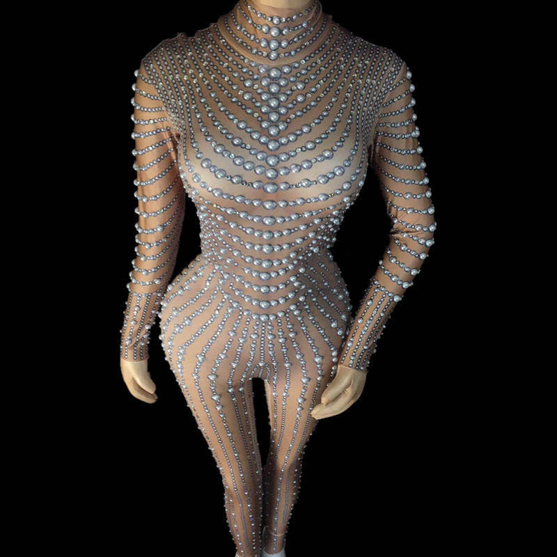 Pearl Beaded Embellished Flesh Tone Mock Neck Long Sleeve Stretch Zipper Back Women's Stage Performance Formal Jumpsuit