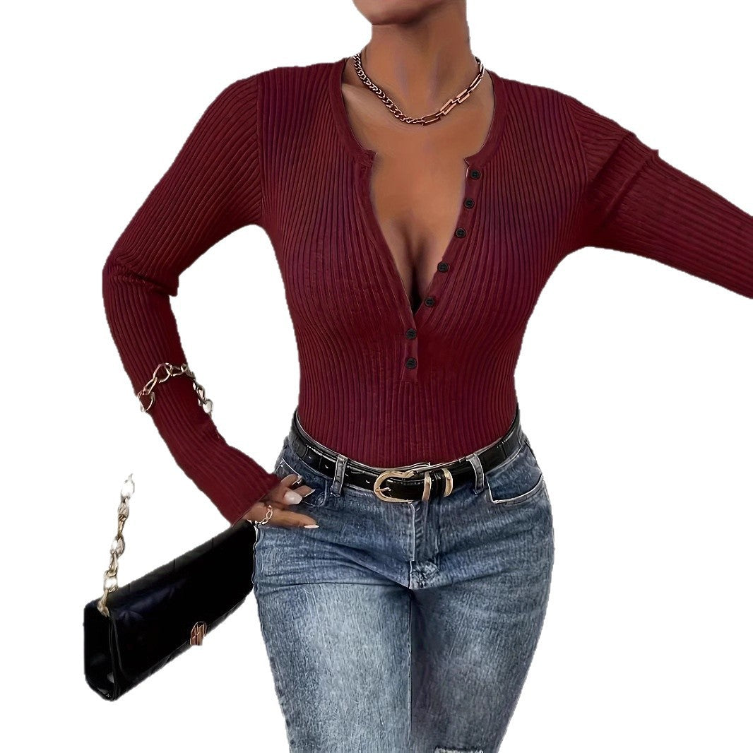 Henley Waffle Pattern Women's V-Neck Long Sleeve Button-Up Shirt