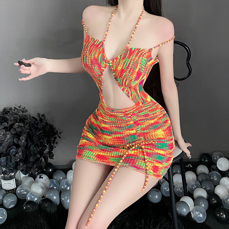 Crochet Knitted Geometric Rainbow Color Backless Hollow-Out Mini Sweater Dress