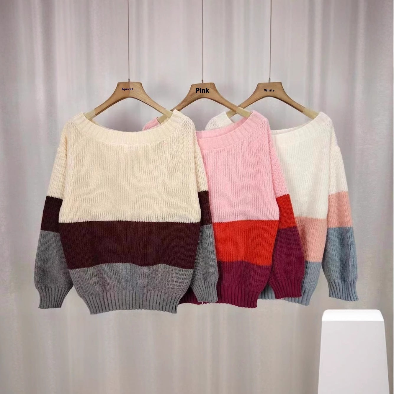 Striped Colorblock Off-the-Shoulder Knitted Women's Long Sleeve Sweater
