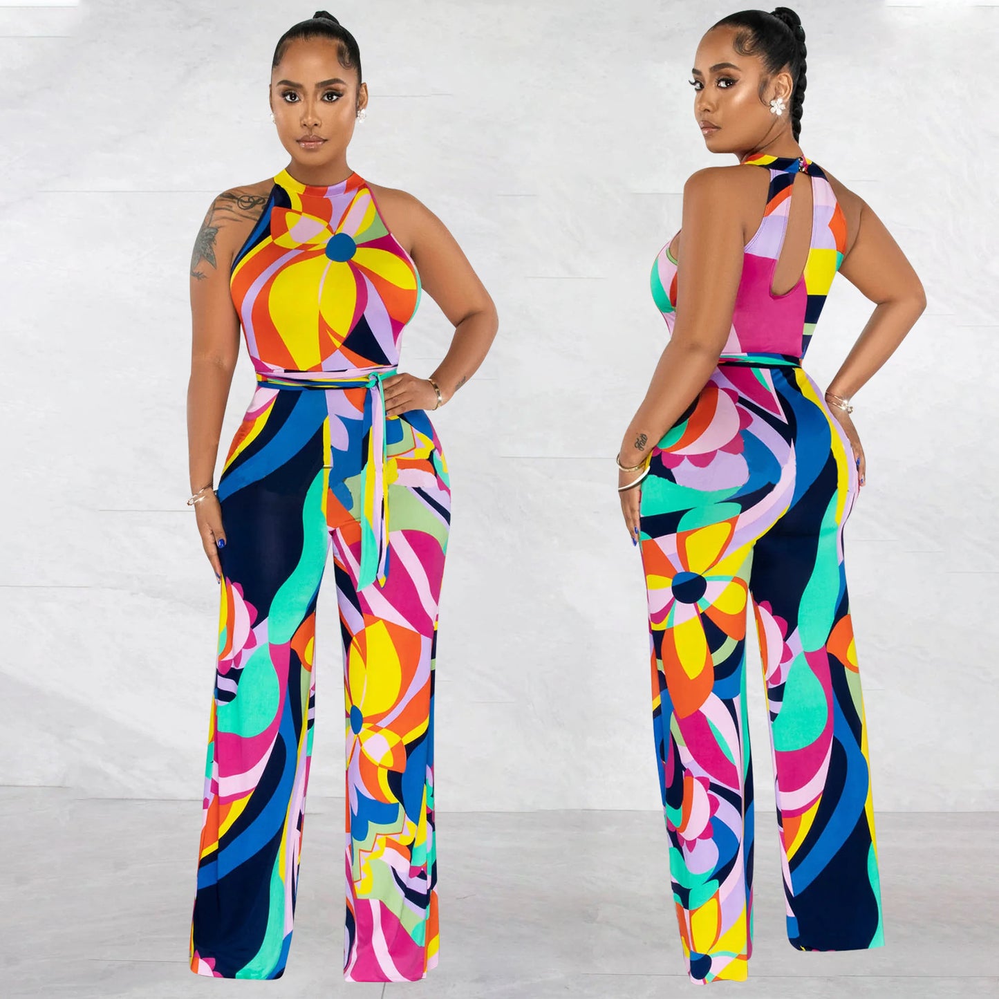 Tropical Floral Printed Halter Neck Sleeveless Sash Belted Jumpsuit