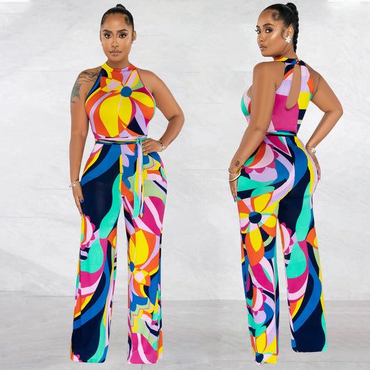 Tropical Floral Printed Halter Neck Sleeveless Sash Belted Jumpsuit