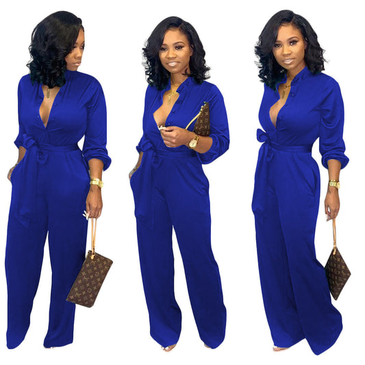Button-Up Turn-Down Collar Women's Long Sleeve Solid Color Jumpsuit
