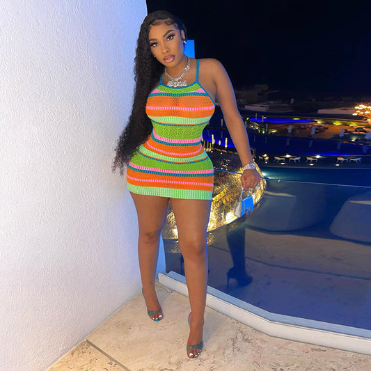 Rainbow Pastel Striped Knitted Spaghetti Strap Mini Dress