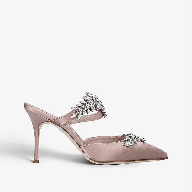 French Crystal Butterfly Rhinestone Strap Pointed Toe Stiletto Heel Mule Pumps