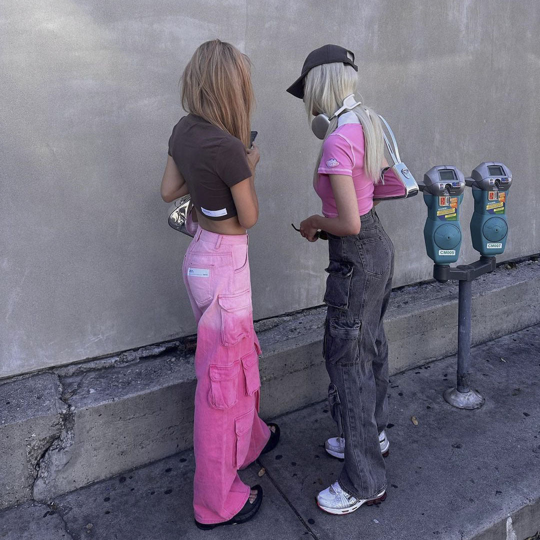 Denim Light Pink/Hot Pink 2-Tone Colorblock Women's Multi-Pocketed Wide Leg Cargo Jeans