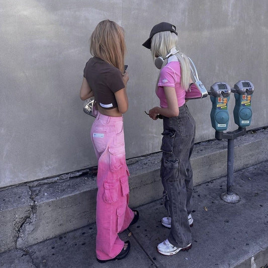Denim Light Pink/Hot Pink 2-Tone Colorblock Women's Multi-Pocketed Wide Leg Cargo Jeans