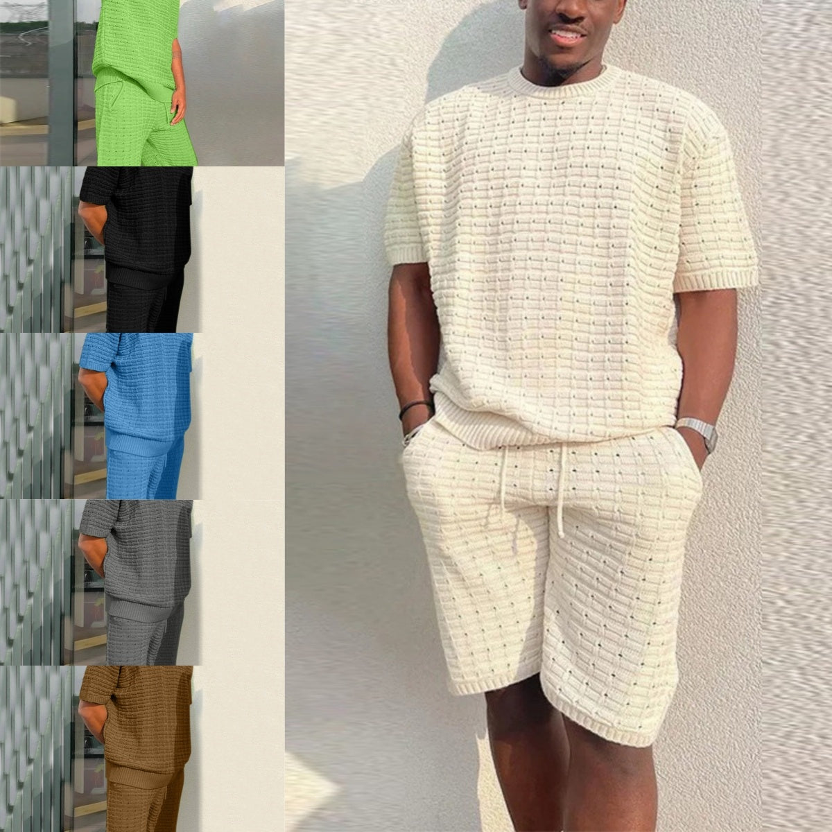 Men's Knitted Waffle Pattern Solid Color O-Neck T-Shirt w/ Shorts 2-Piece Set