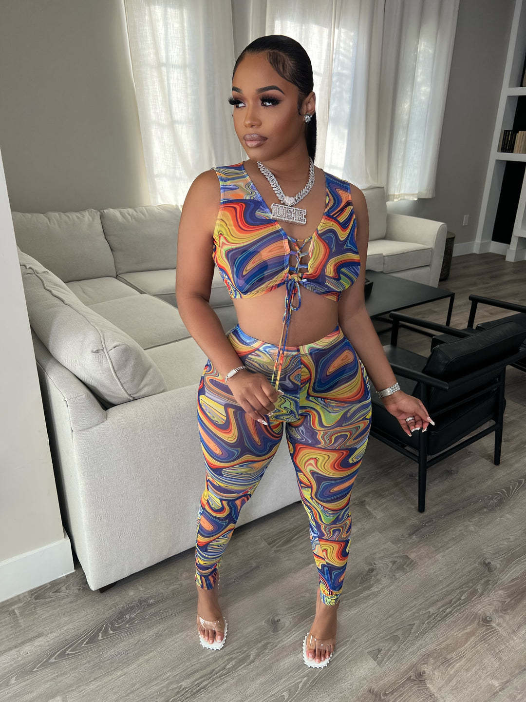 Swirl Print Sleeveless Lace-Up Women's Crop Top + Skinny Leggings 2-Piece Set