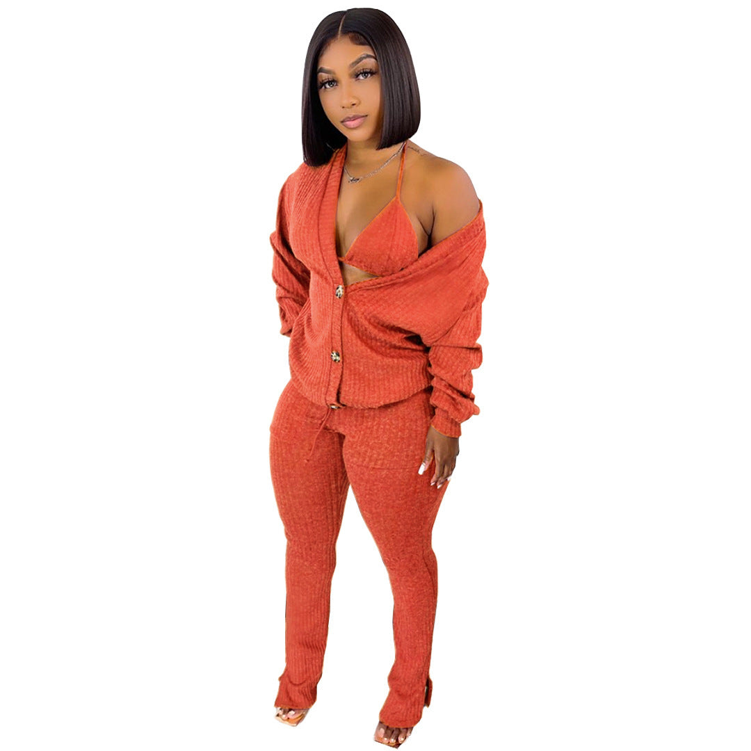 Ribbed Button-Up Women's Cardigan Pocketed Sweater + Matching Bra + Leggings 3-Piece Set