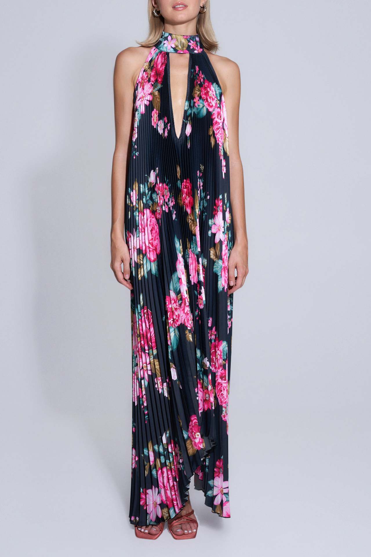 Floral Print Pleated Sleeveless Deep V-Neck Halter Backless Swing Maxi Dress