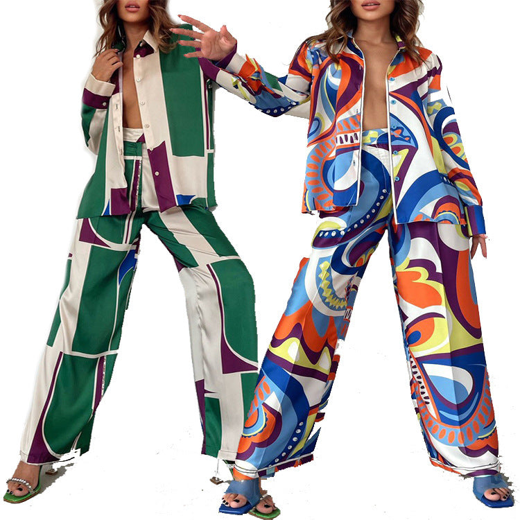 Geometric Multi-Colored Print Women's Turn-Down Collar Long Sleeve Blouse + Straight Leg Pants 2-Piece Set