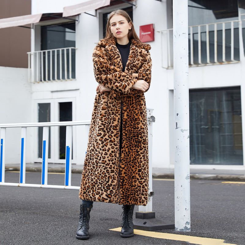 Faux Fur Leopard Print Turn-Down Collar  Women's Trenchcoat to 3X Plus Size