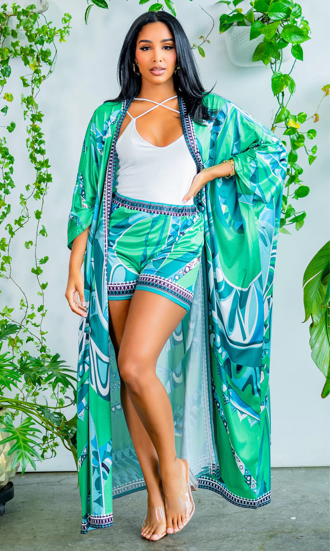 Chiffon Tropical Floral Print Maxi Cardigan Blouse w/ Matching Shorts 2-Piece Set
