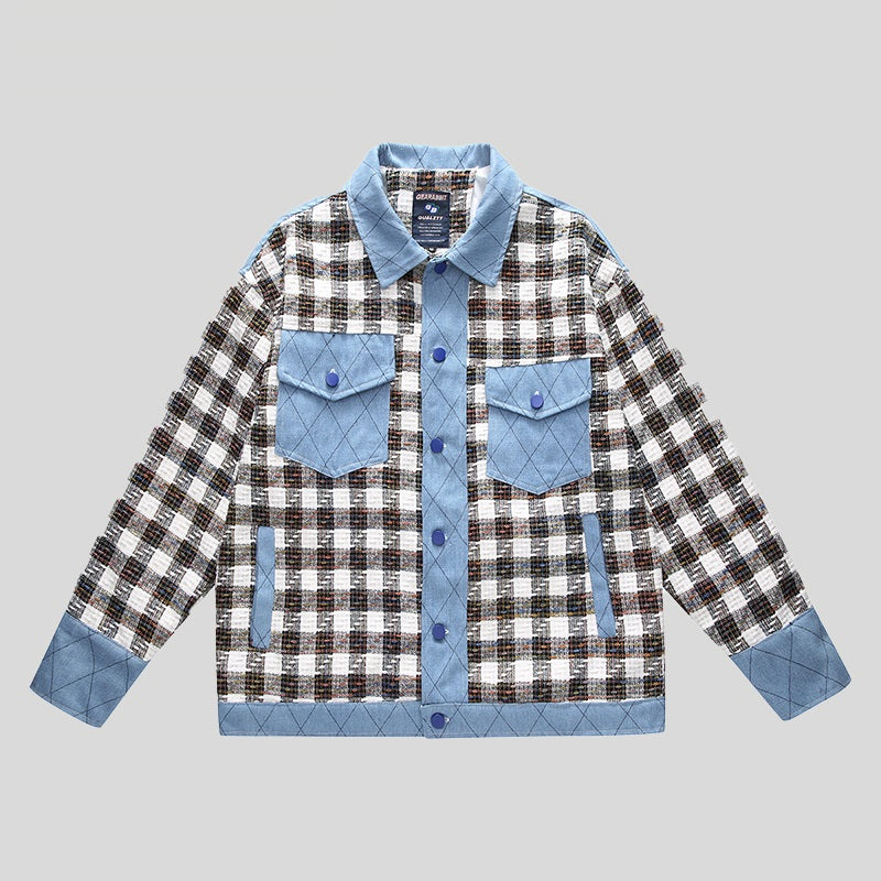 Men's Denim "Original Plaid Checker Colorblock Button-Up Letter Print Jean Jacket