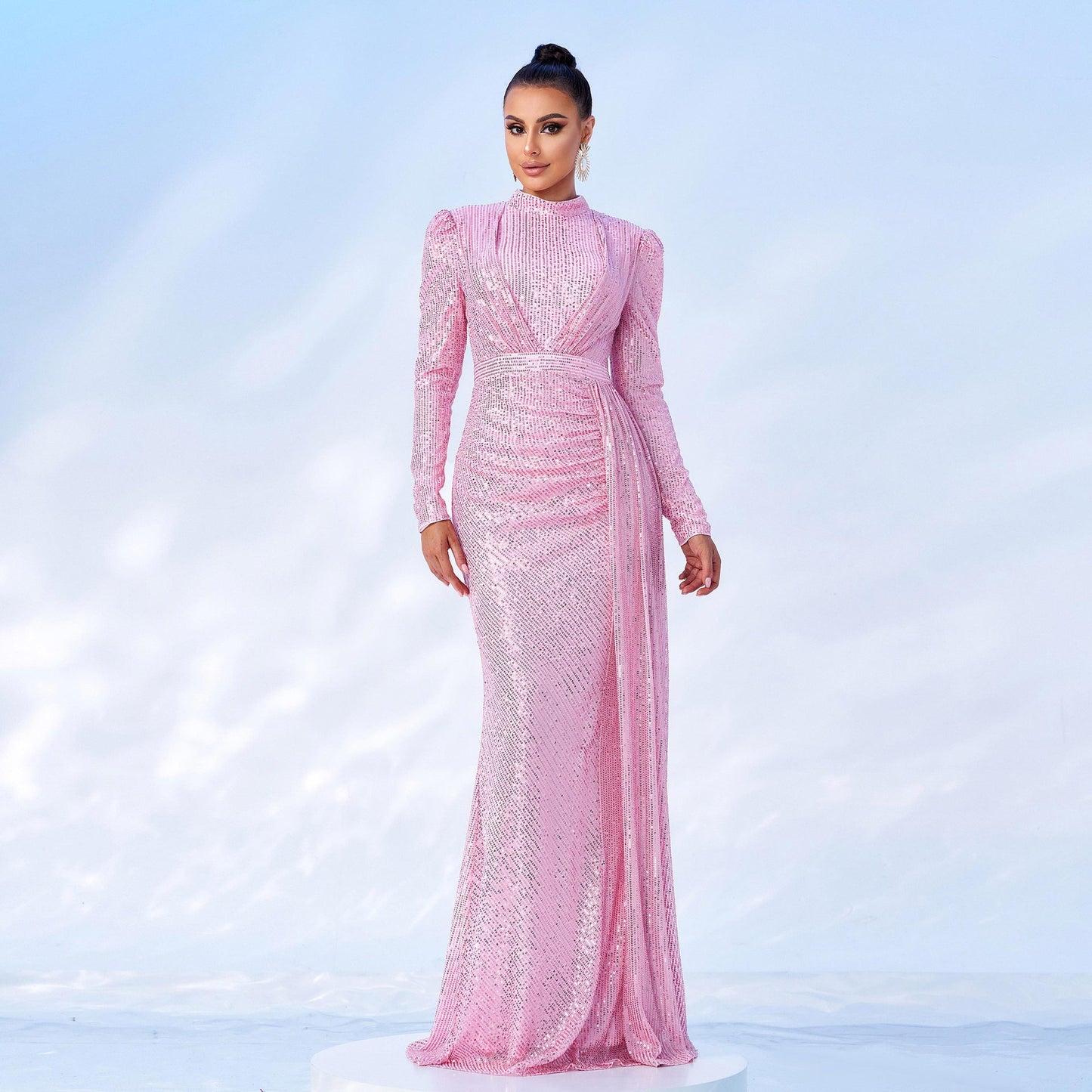 Glitter Sparkling Sequin Design Ruched Pleat3d Long Sleeve O-Neck Formal Floor-Length Dress