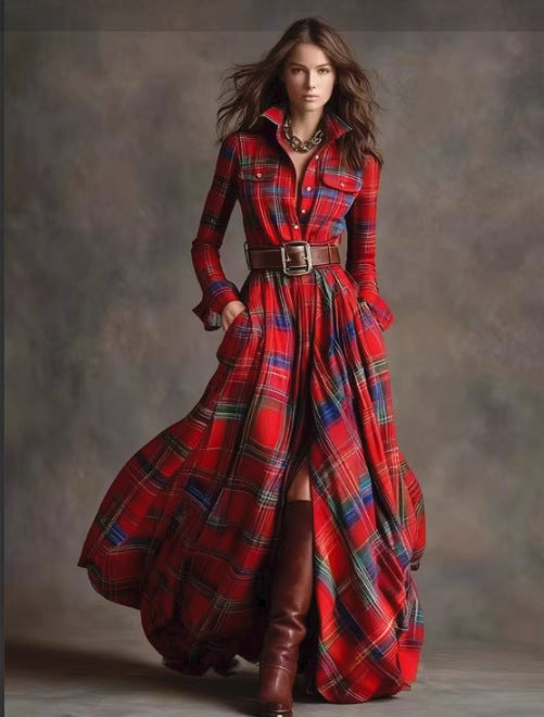 Oversized Plaid Print Long Sleeve Pocketed Turn-Down Collar Button-Up Big Swing Maxi Dress to 4X Plus Size