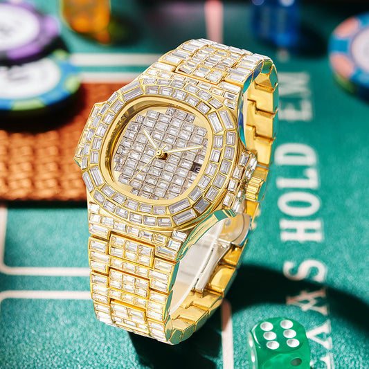 Men's Gold/Silver Full Square Metallic Diamond Hip-Hop Waterproof Calendar Quartz Watch