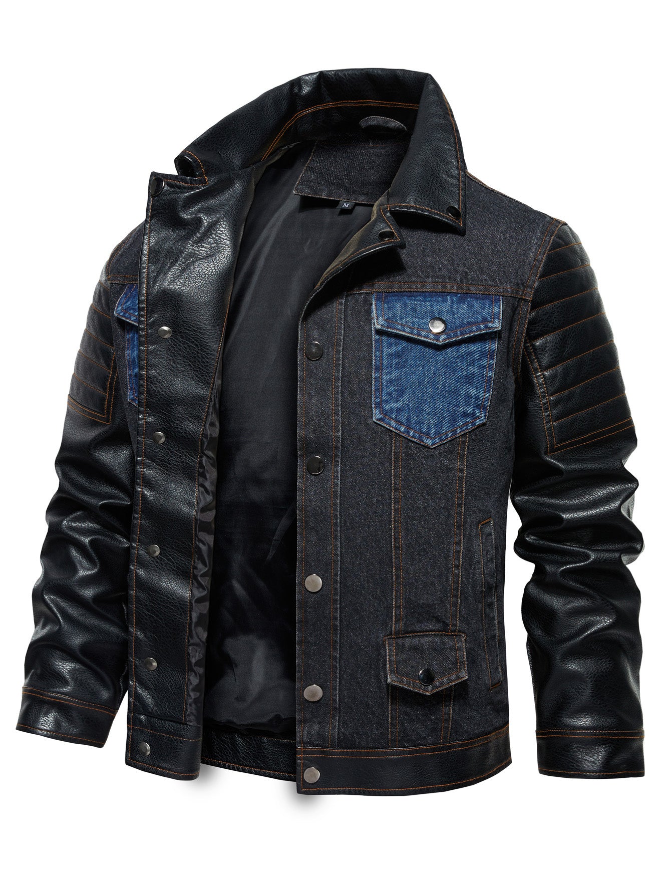 Men's Denim PU Leather Patchwork Colorblock Double Pocket Jean Jacket