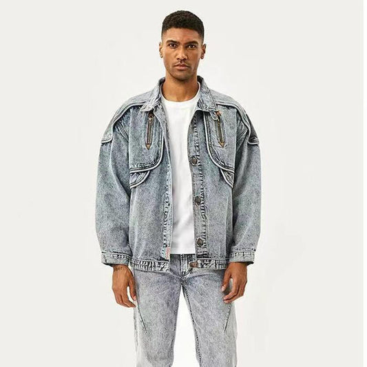 Men's Oversized Denim Faded Acid Washed Zipper Pocket Design Jean Jacket