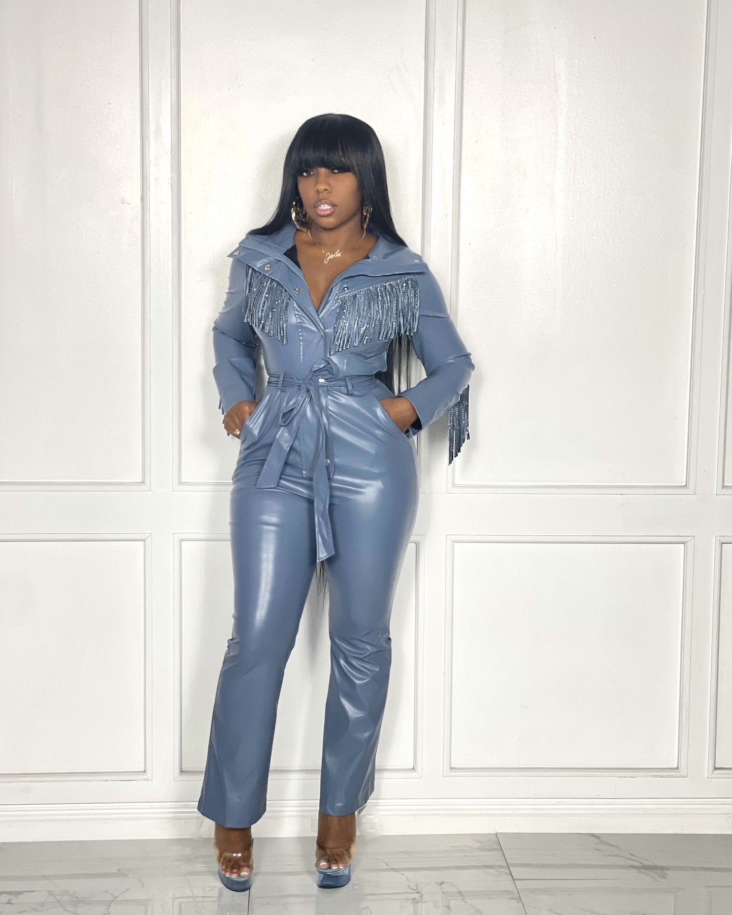 Fringe Tassel Skinny Western Faux Leather Long Sleeve Jumpsuit to 5X Plus Size