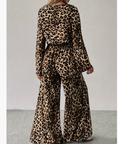 Leopard Print O-Neck Flared Sleeve Crop Blouse + Elastic Waist Pants Women's 2-Piece Set