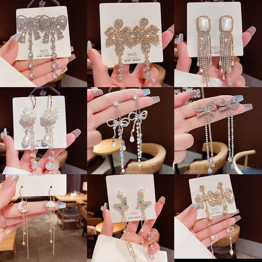 Assorted Hanging Sterling Silver/Gold Needle Light Rhinestone Pearl/Tassel Earrings