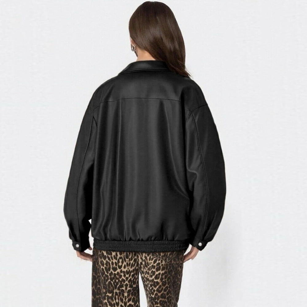 PU Leather Double Pocket Button-Up Design Turn-Down Collar Women's Loose Biker Motorcycle Jacket