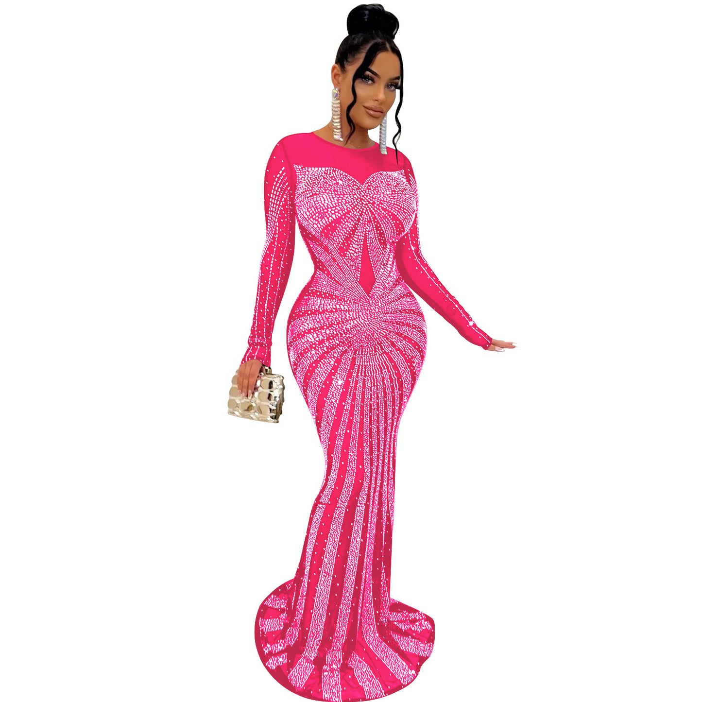 Metallic Hot Drill Rhinestone Sparkling Glitter Transparent Mesh Sheer Long Sleeve Formal Floor-Length Dress