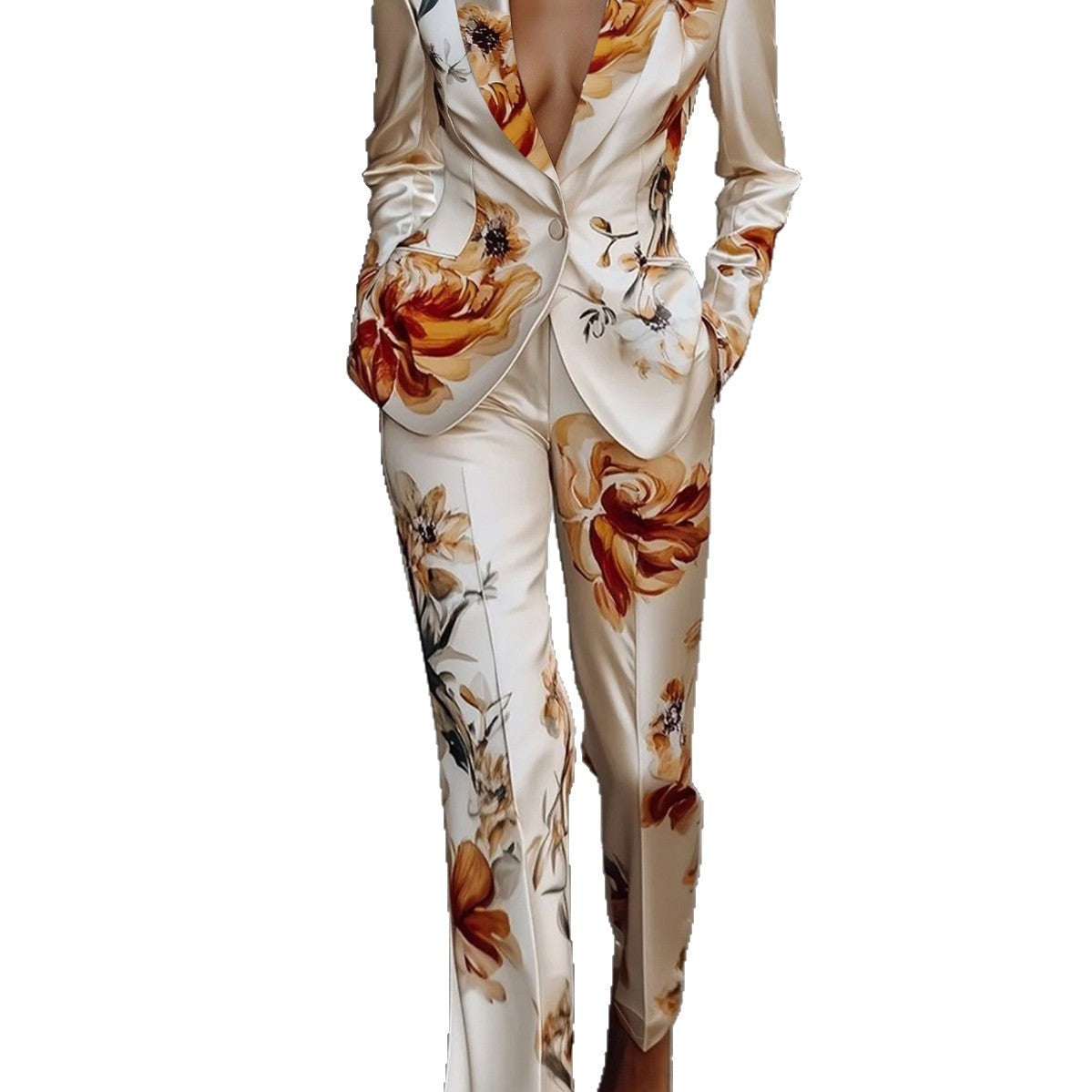 White Satin Flower Print Blazer Jacket + Pants Women's Suit
