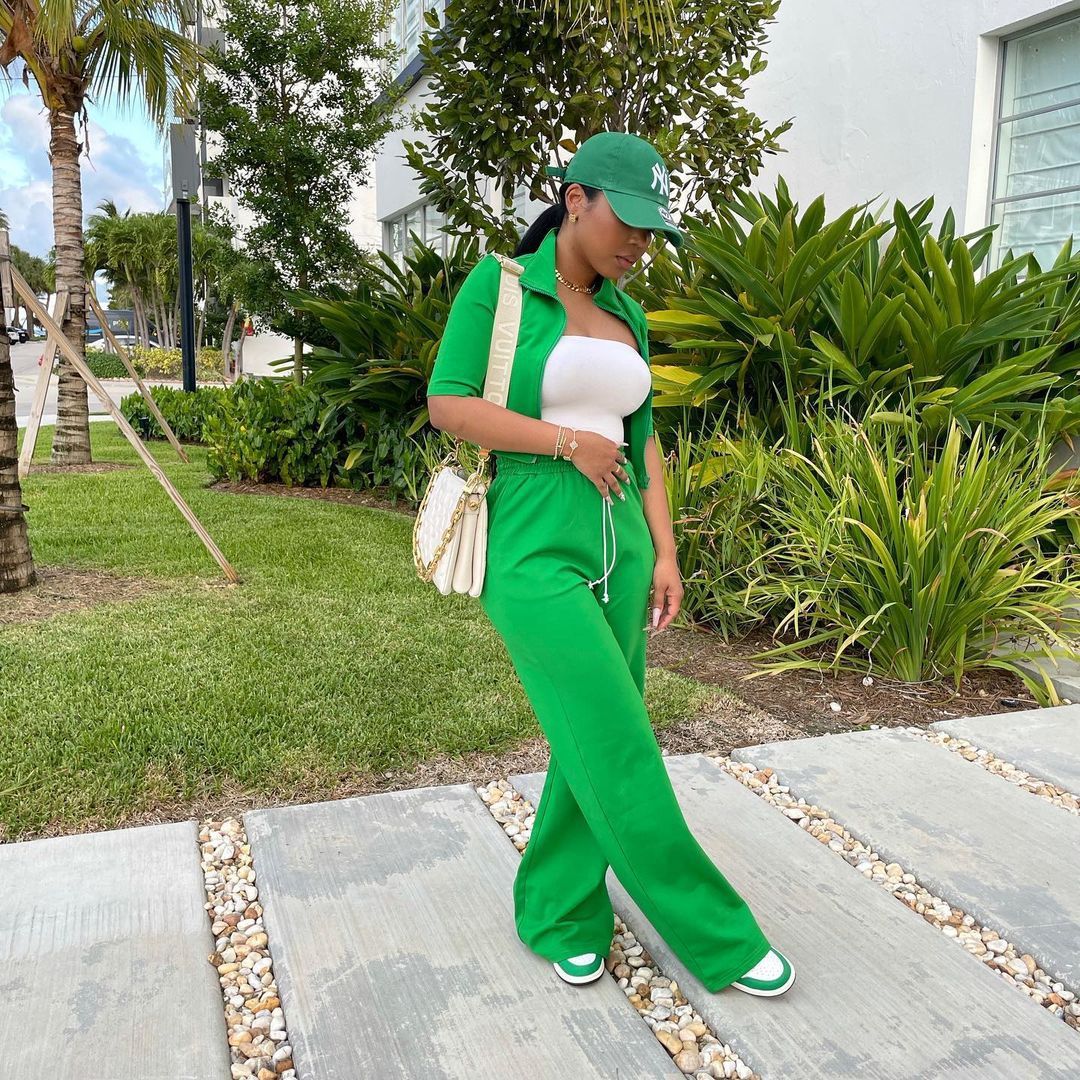 Green Short Sleeve Zipper Front Women's Cropped Shirt + Drawstring Pants Casual 2-Piece Set